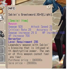 Beli Weapon Sakiel's Greatsword.XG+9 SAKIEL ZERK XG +9 Seal Online
